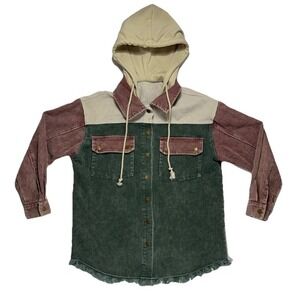 Women's Color Block Corduroy Hoodie Jacket Earth Tones Fall‎ Fringe Size S